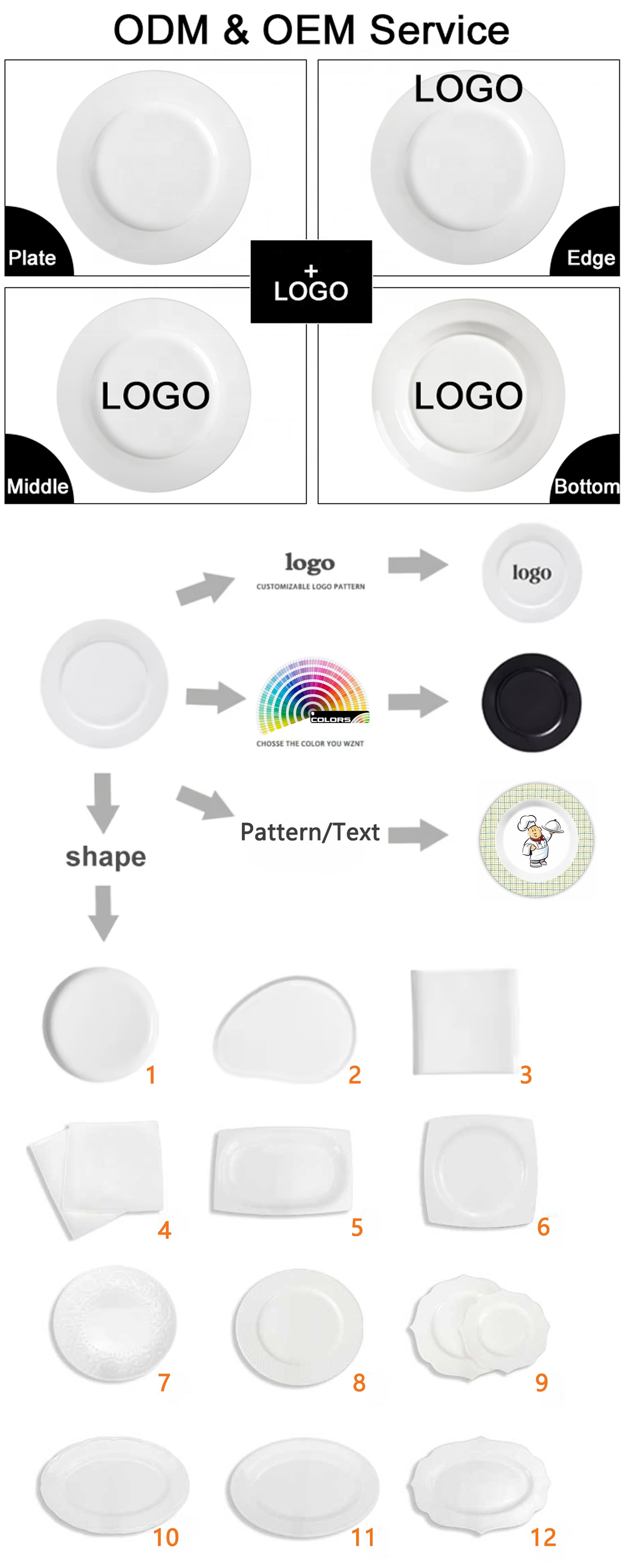 Custom Logo Printed White Plain Porcelain Plate Restaurant Tableware Dishes Ceramic Plates