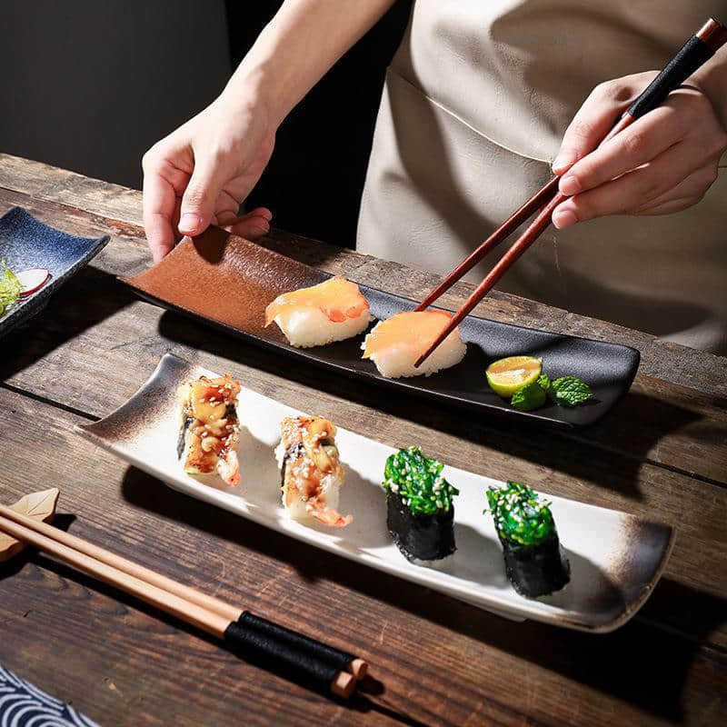 High quality 11 inch rectangular sushi plate, Japanese retro ceramic sashimi strip stone plate