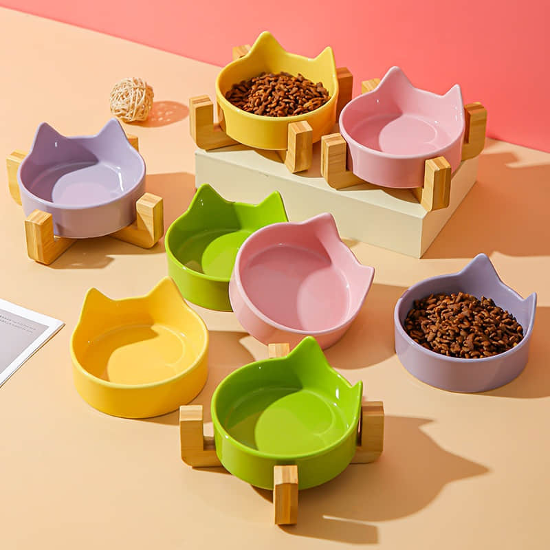 Wooden base ceramic cat and dog bowl, anti slip food and water bowl set