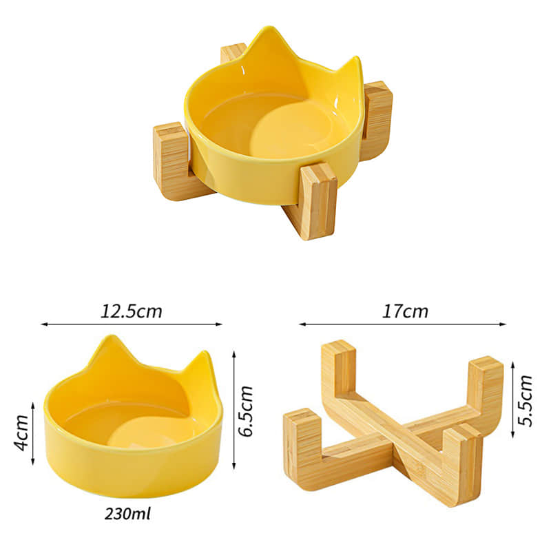 Wooden base ceramic cat and dog bowl, anti slip food and water bowl set