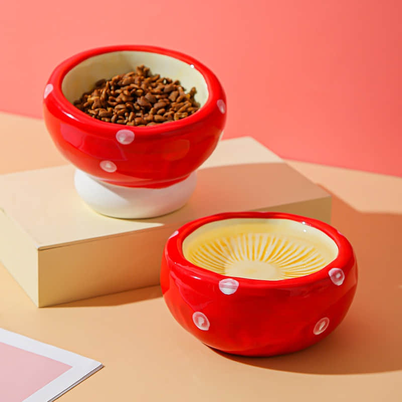 Ceramic underglaze colored mushroom shaped water bowl with anti tipping design for cats and dogs