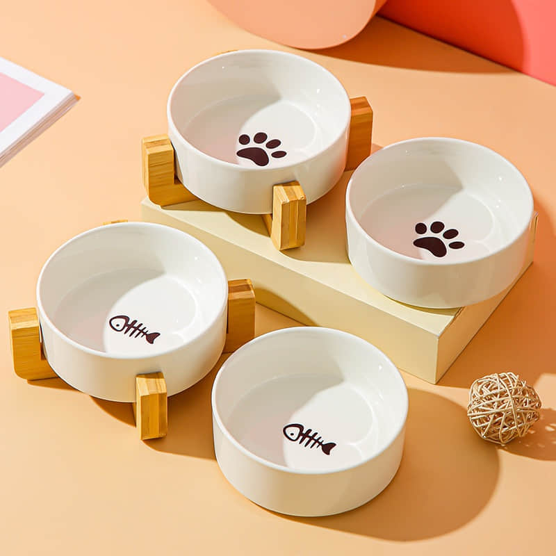 Dog and Cat Bowl Ceramic Pet Food and Water Bowl Set Wooden Bracket Pet Ceramic Bowl