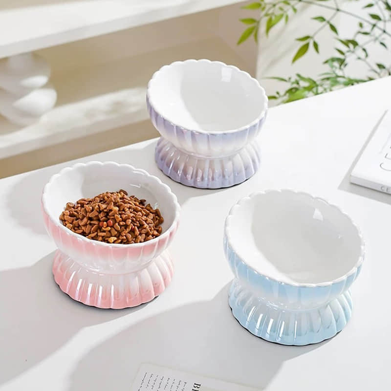 Cute Design Ceramic Pet Bowl Slanted High-legged cat Food Bowl Neck-protecting Dog Basin