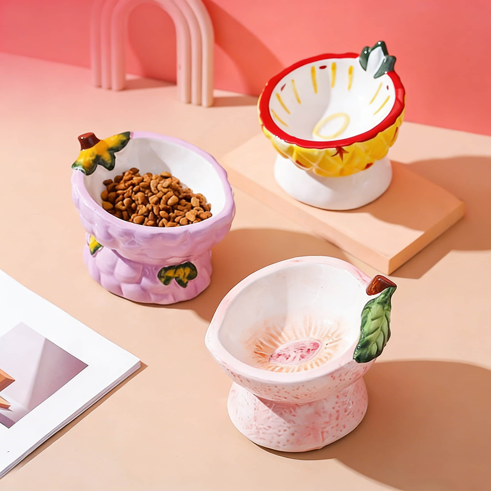 Ceramic Cat Food Bowl Fruit Series with Neck Protection Leak-Proof Dishwasher Safe Feeder