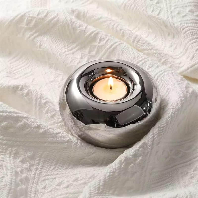 Modern Home Decor Silvery Ceramic Candle Stand Round Tea Light Candle Holder Decoration