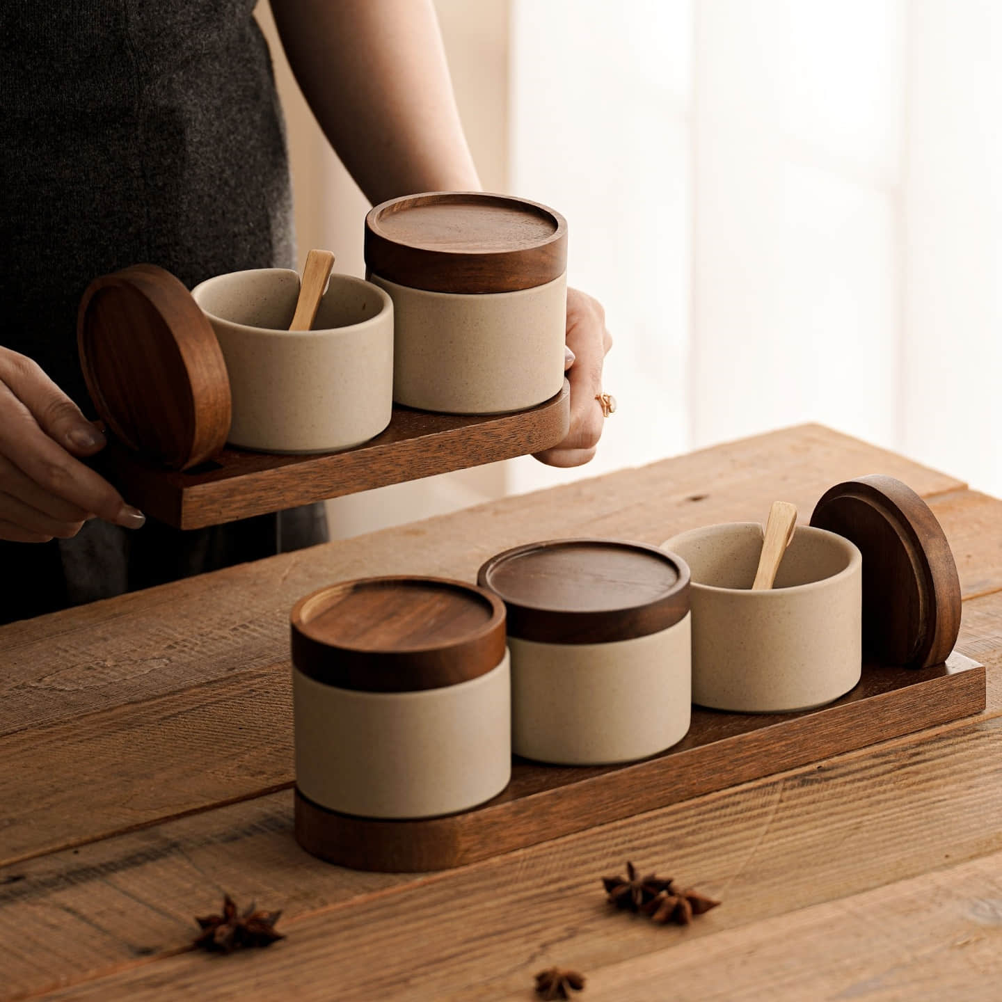 Japanese Style Salt Seasoning Jar Kitchen Ceramic Spice Jars with Bamboo Lids and Tray