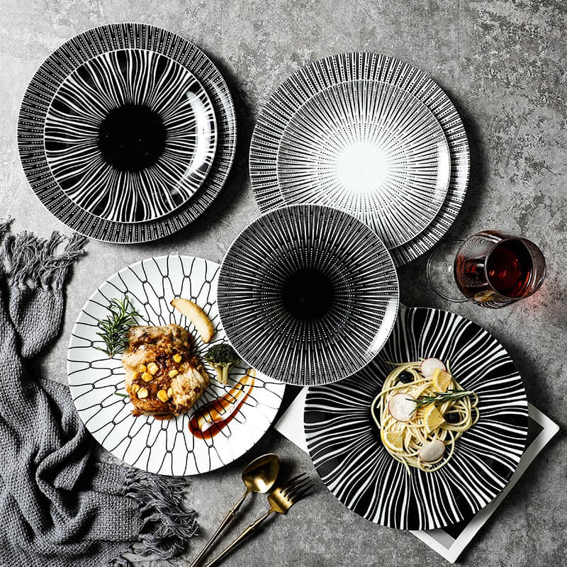 Fashionable Black White Line Tableware Western Food Pasta Steak Dessert Snack Ceramic Dinner Plate