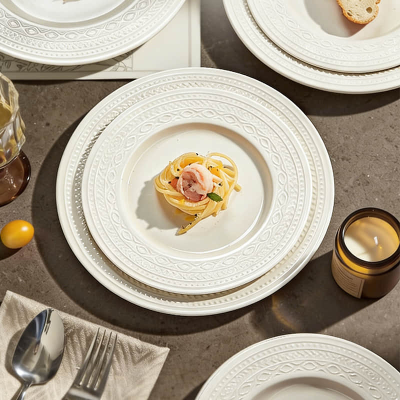 White Relief Ceramic Dinner Plates Dinnerware French Embossed Porcelain Soup Bowl