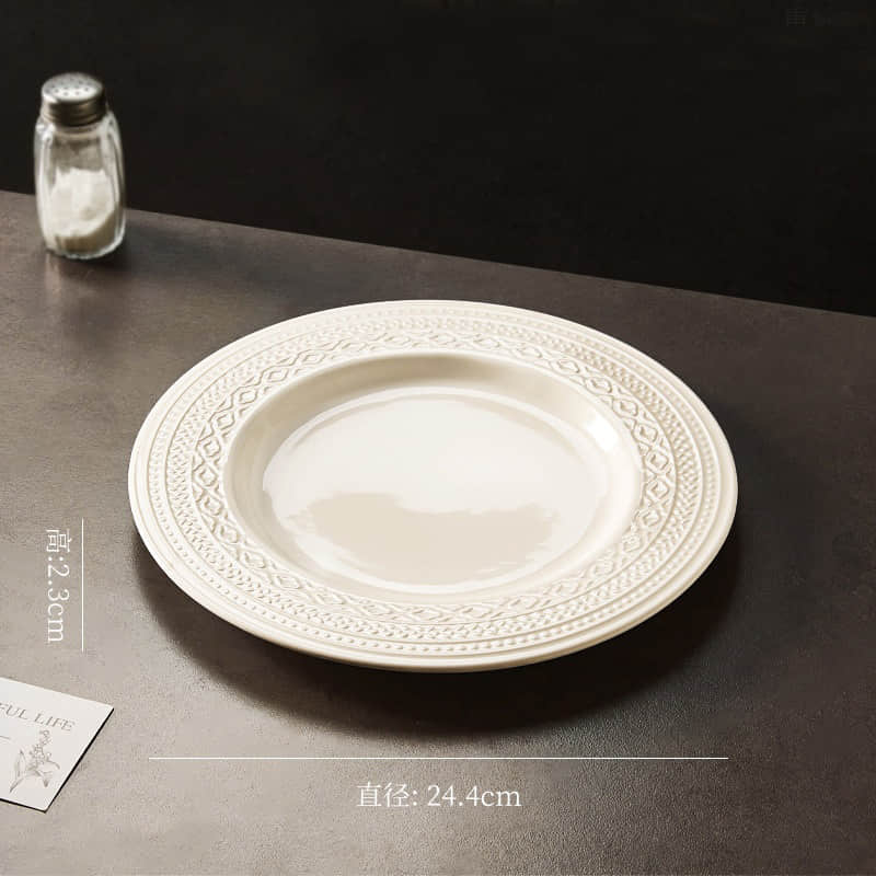 White Relief Ceramic Dinner Plates Dinnerware French Embossed Porcelain Soup Bowl