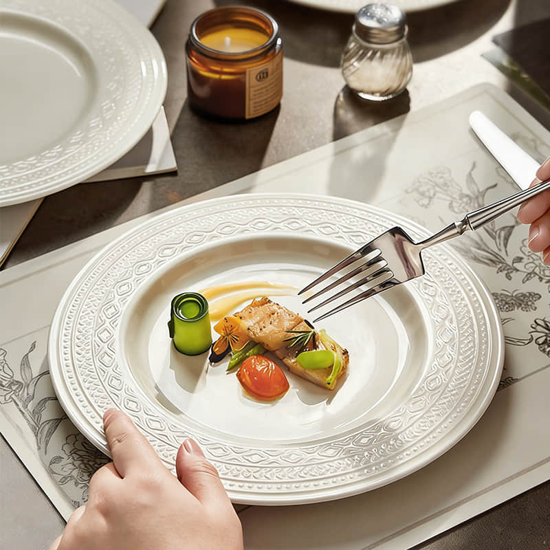White Relief Ceramic Dinner Plates Dinnerware French Embossed Porcelain Soup Bowl