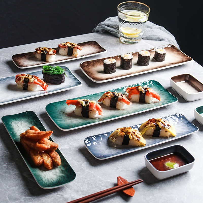 Creative Rectangular Eco-Friendly Sushi Plate Japanese Ceramic Dish with Retro Long Strip Plates