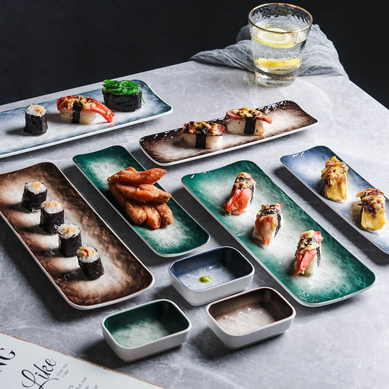 Creative Rectangular Eco-Friendly Sushi Plate Japanese Ceramic Dish with Retro Long Strip Plates