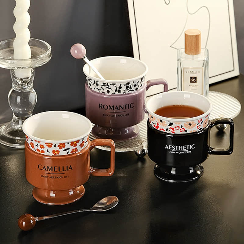 European Vintage Flower Ceramic Coffee Mug Office Coffee Goblet Household Water Cup for Couples