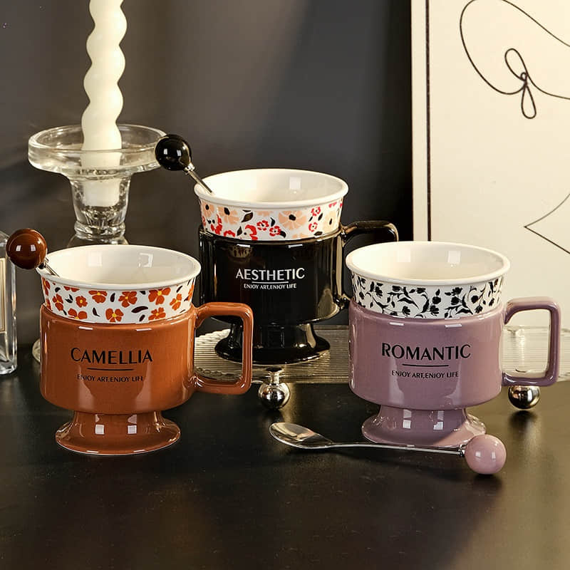 European Vintage Flower Ceramic Coffee Mug Office Coffee Goblet Household Water Cup for Couples