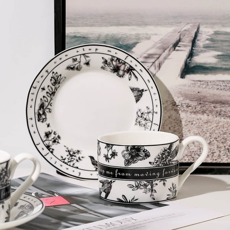 Black and White Pattern Ceramic Coffee Cup Sets Simple Retro Afternoon Tea Cup with Tray