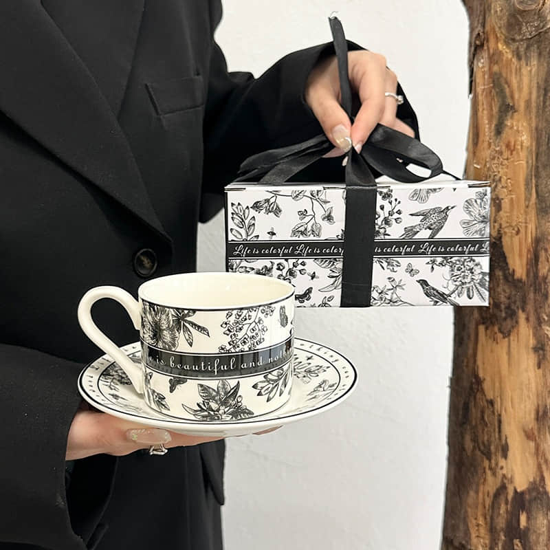 Black and White Pattern Ceramic Coffee Cup Sets Simple Retro Afternoon Tea Cup with Tray