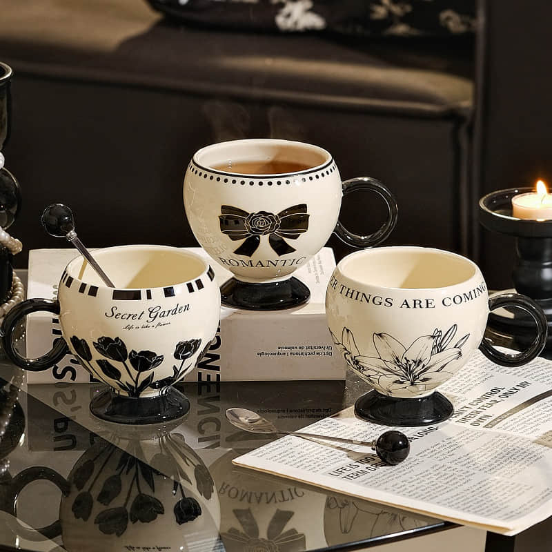 Creative Big Belly Flower Ceramic Coffee Mug With Spoon Simple Home Office Drinking Water Cup