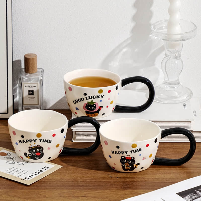 Retro Style Underglaze Ceramic Coffee Cup and Saucer Set With French Minimalist Latte Art