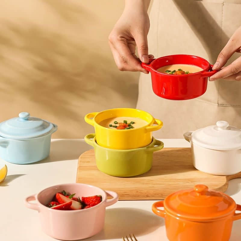 Mini Colorful Stoneware Pot Ceramic Casserole Serving Dish Baking Candy Ramekin Pan with Handle Lid