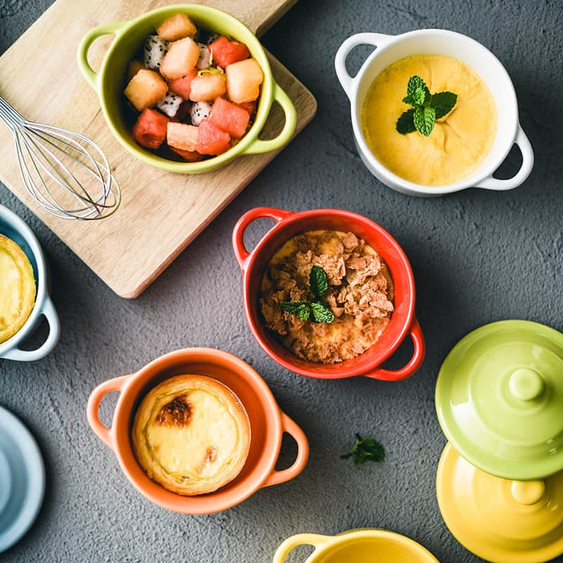 Mini Colorful Stoneware Pot Ceramic Casserole Serving Dish Baking Candy Ramekin Pan with Handle Lid