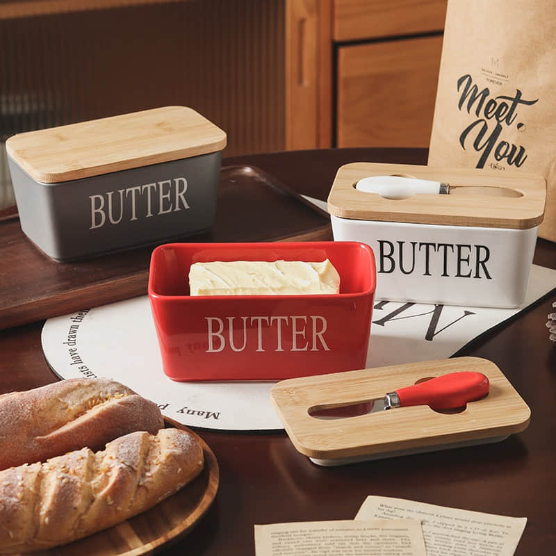 Ceramic Canister Bamboo Butter Keeper Jar With Lid Kitchen Party Food Organizing Butter Container