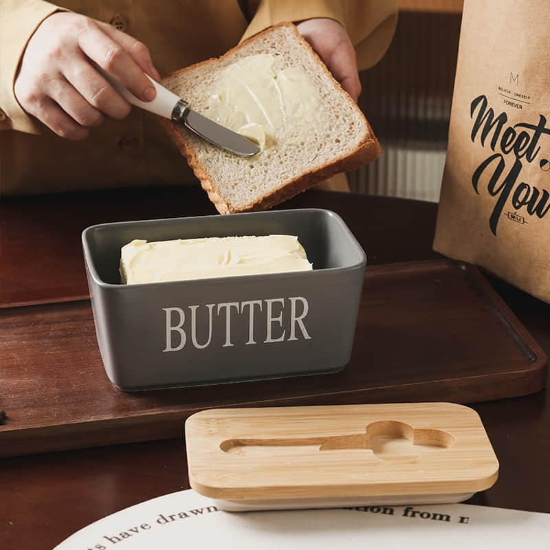 Ceramic Canister Bamboo Butter Keeper Jar With Lid Kitchen Party Food Organizing Butter Container