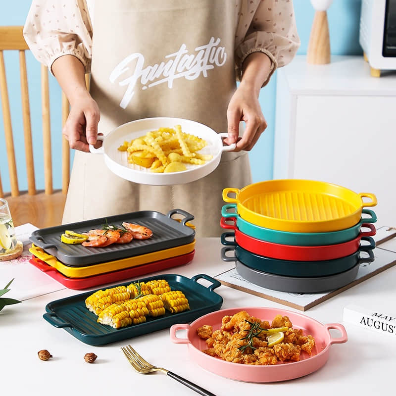 Creative Matte Stripe Pizza Pan Ceramic Dinner Sets Baking Pans for Cakes Nonstick Serving Plate